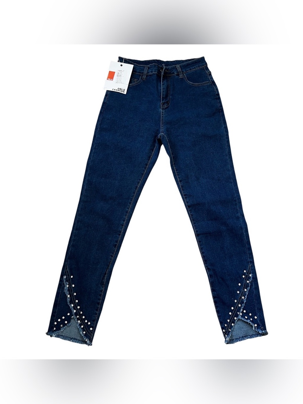 High-Rise Dark Indigo Skinny Jeans with Studded Hem